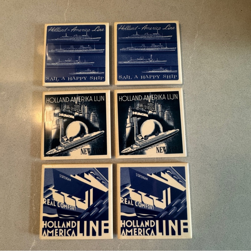 Holland America Cruise Lines Ceramic Coasters Set of 6 Blue & White